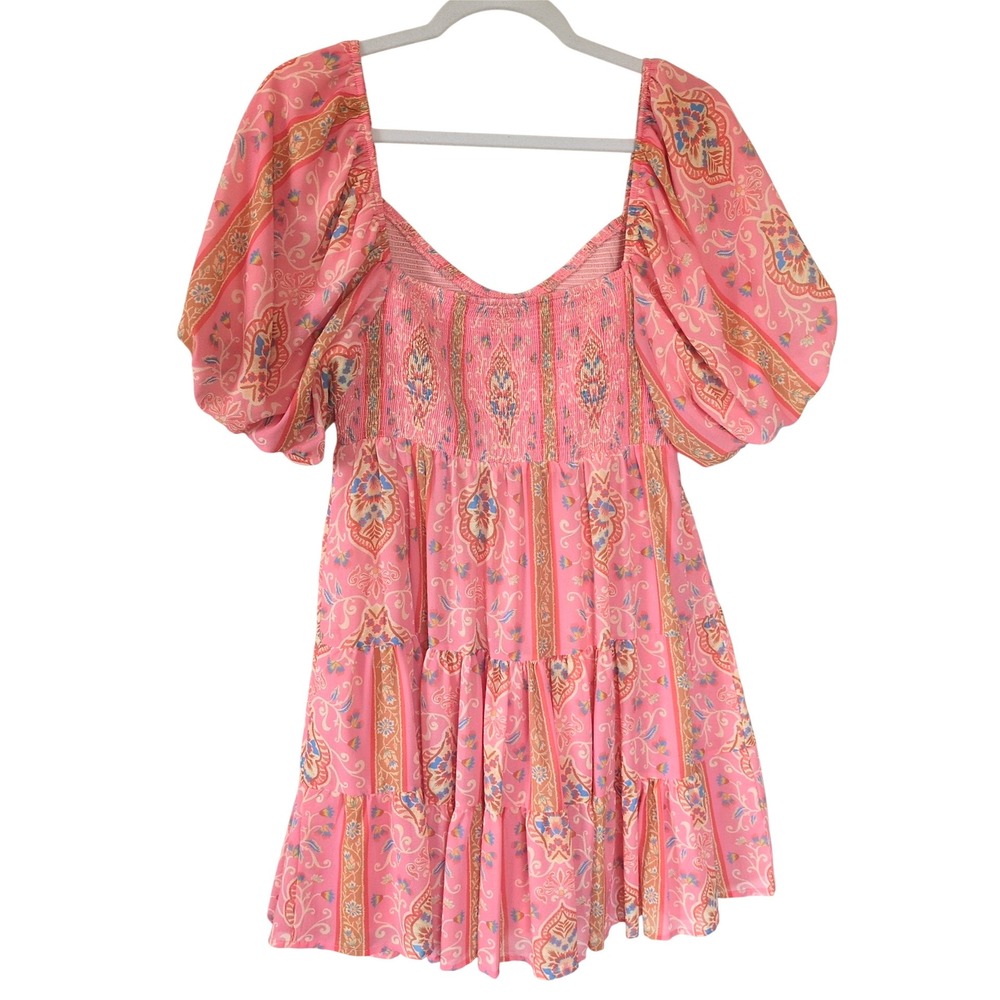 Flying Tomato Pink Boho Puff Sleeve Mini Dress L Cottagecore Coquette Paisley - Picture 3 of 8